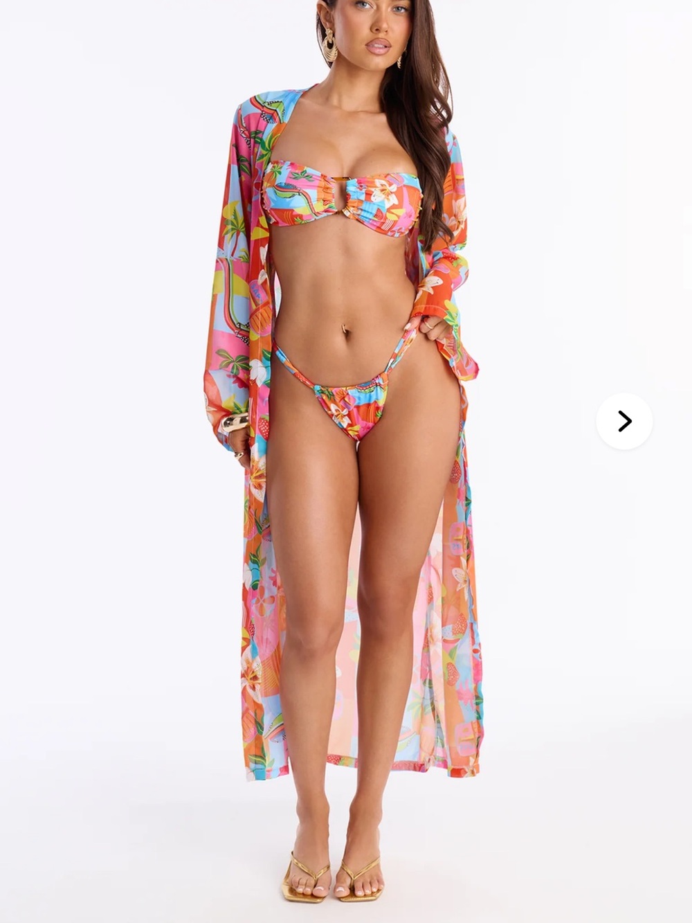 XS Tropical 3 Pc Floral Orange Bikini Set with Sheer Cover-Up nwt